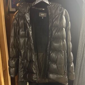 DKNY Shiny Black Quilted Leather Winter Jacket